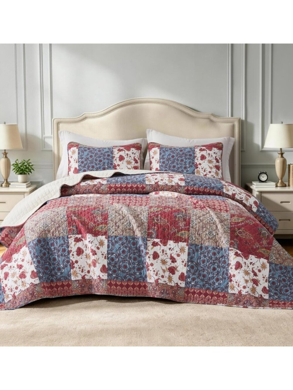 Rowan 2-Piece Cotton Quilt Set, Twin Size, Printed Patchwork Bedspread with